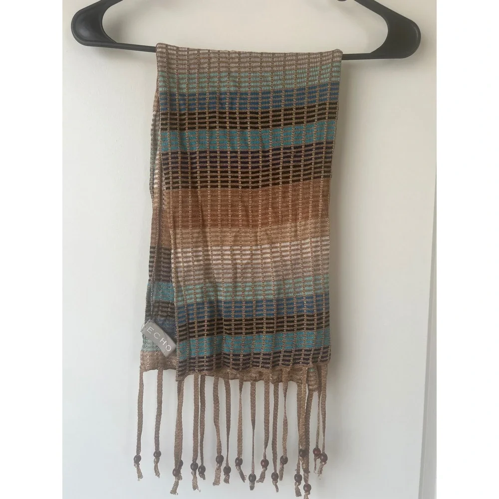 Echo Scarf Womens Brown Blue Striped Open Knit Beaded Fringe Rayon Wrap 74x10